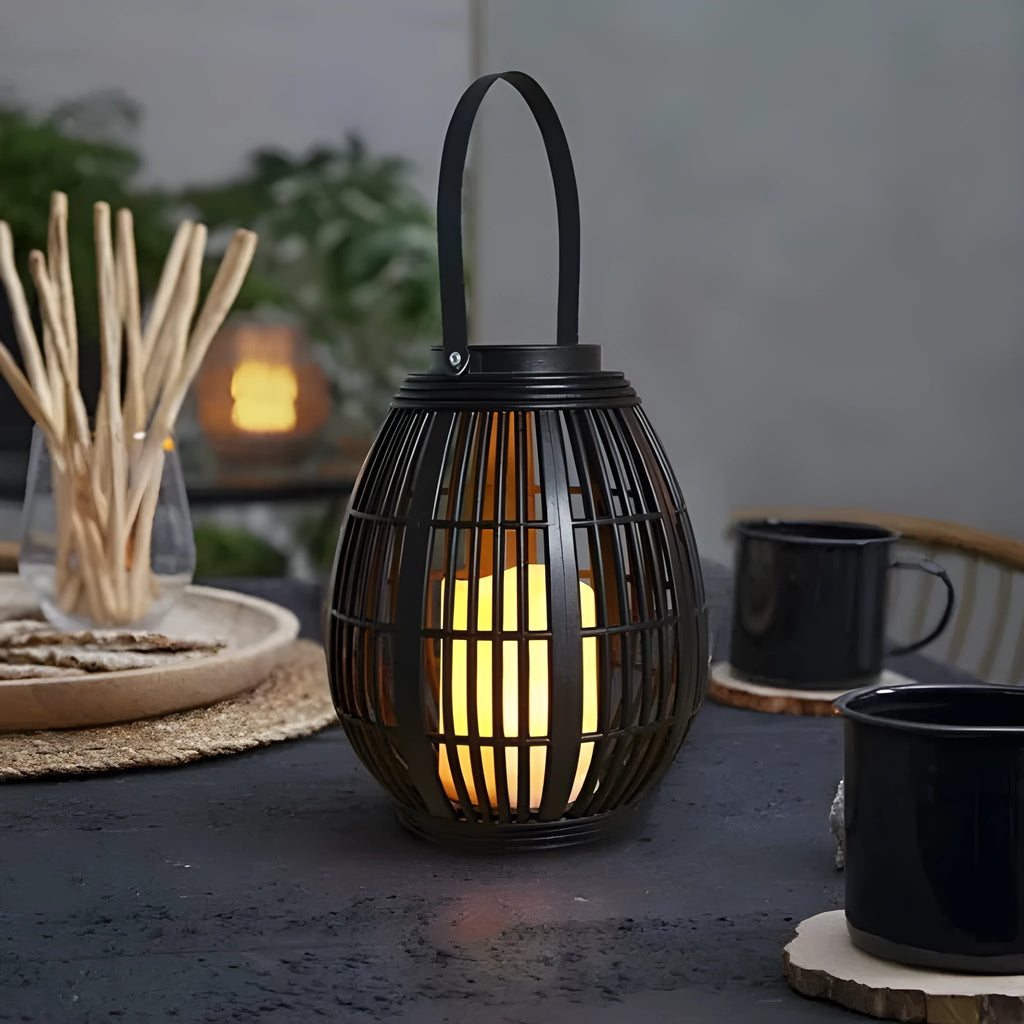 Retro style solar garden light with oval rattan shade in picture colour finish