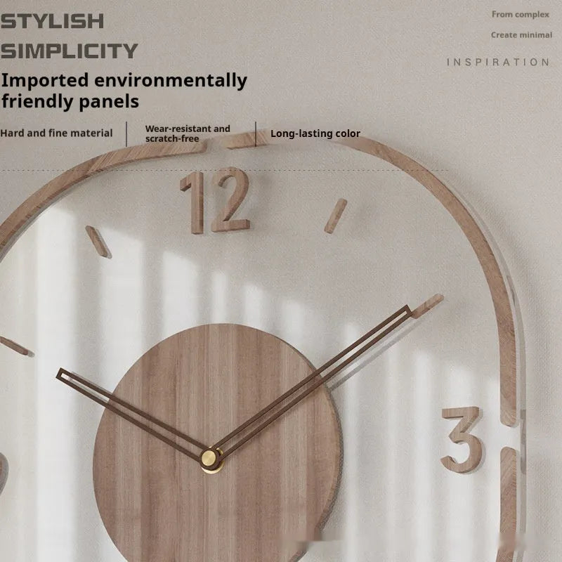 Modern transparent wooden wall clock showing both framed and frameless 35x35cm square designs