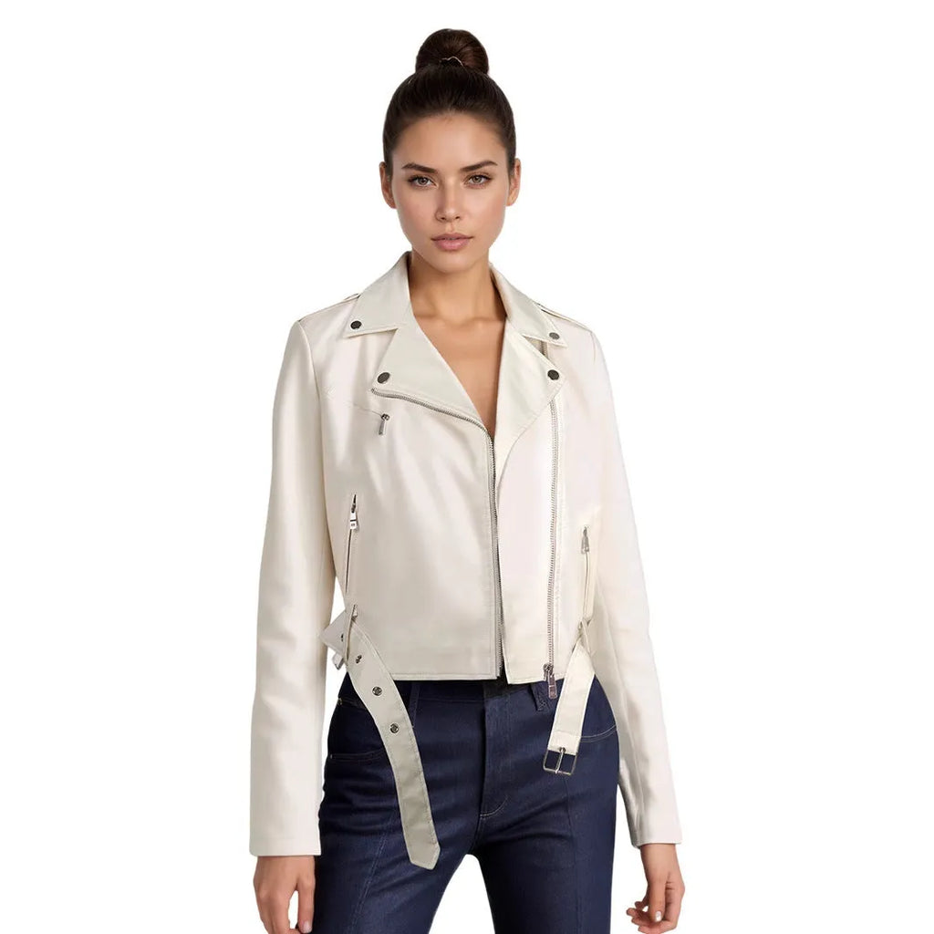 Women's red PU leather motorcycle jacket with lapel collar and a short waist belt.