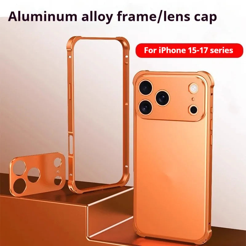 iPhone 17 series mobile phone case with a silver metal alloy frame and frosted finish, showing border-style design.