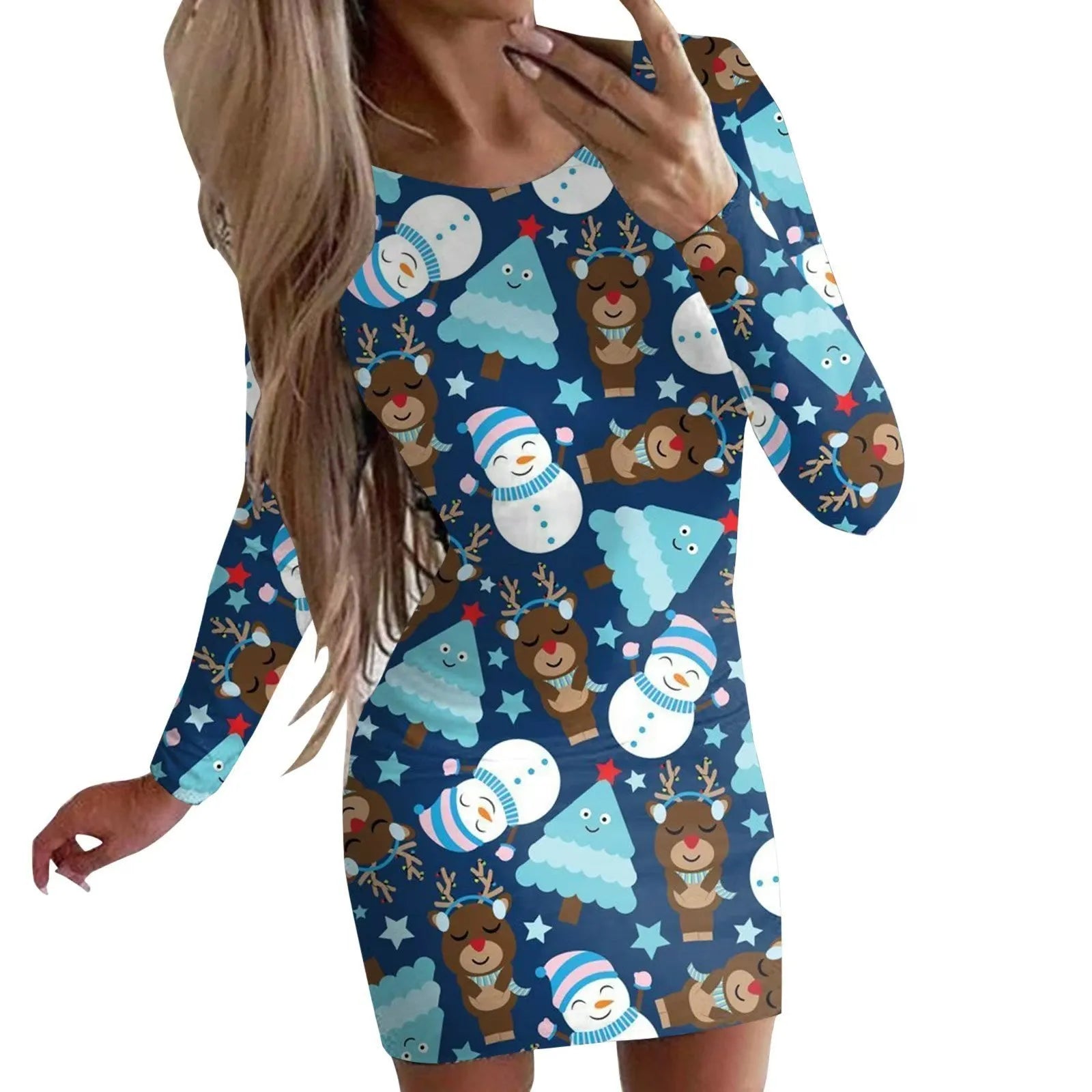 Red Christmas dress with animal print pattern, round neck and long sleeves, shown in a fitted hip skirt style.