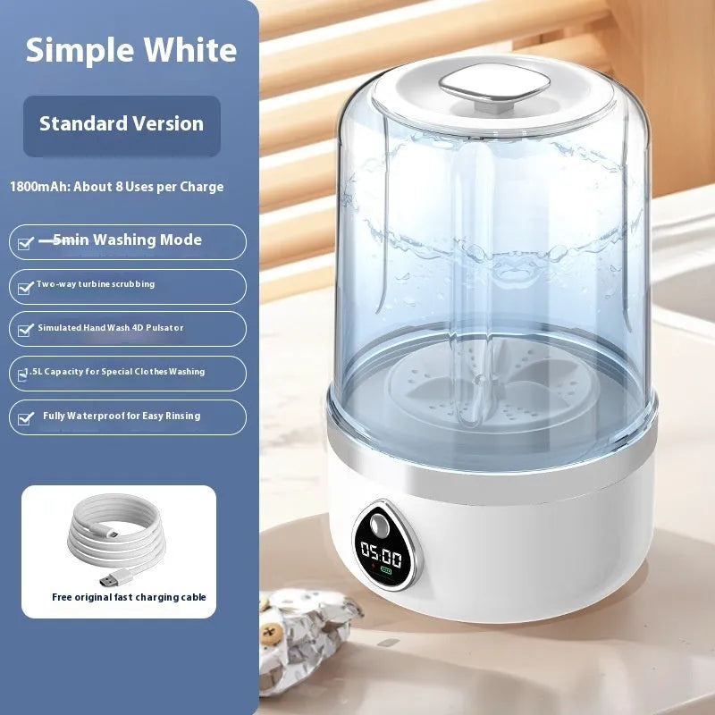 White portable mini washing machine with USB cable on a countertop.