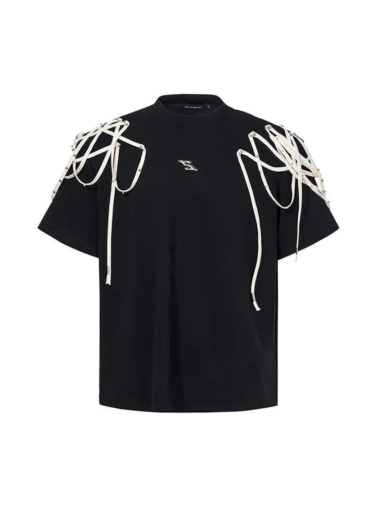 Black loose fit t-shirt with rivet ribbon detail on padded shoulders