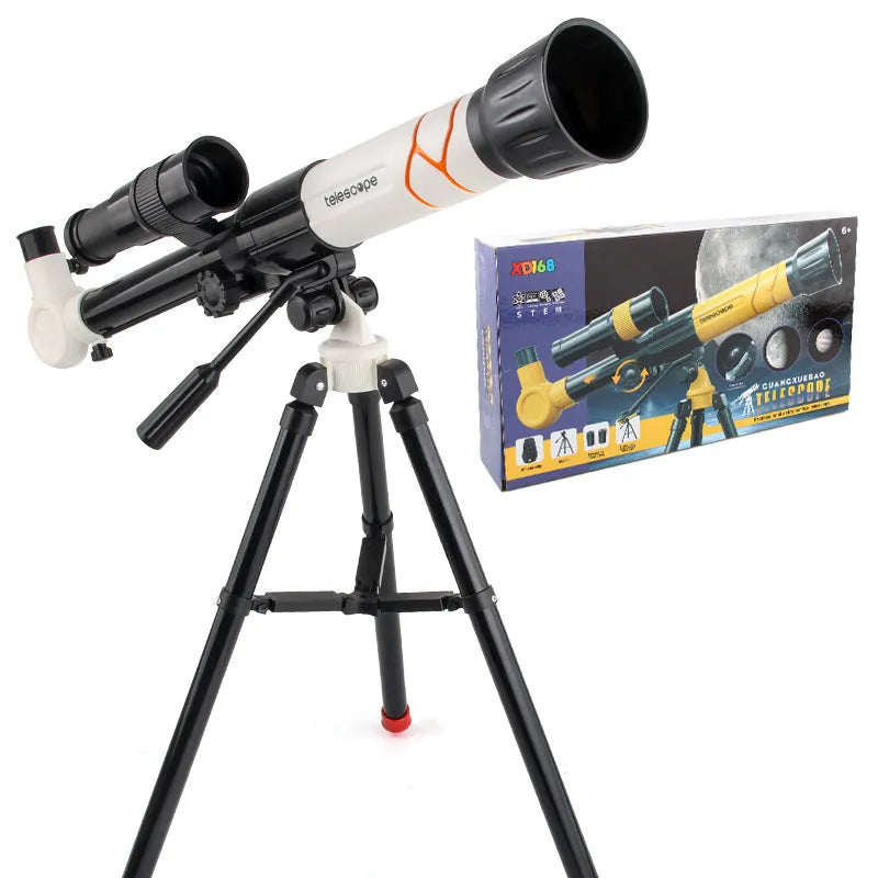 Yellow kids astronomical telescope with 150X magnification on adjustable tripod