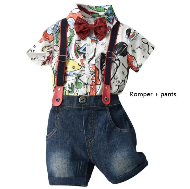 White cartoon trouser suit set for infant includes romper or shirt and pants short sleeves no hood summer style
