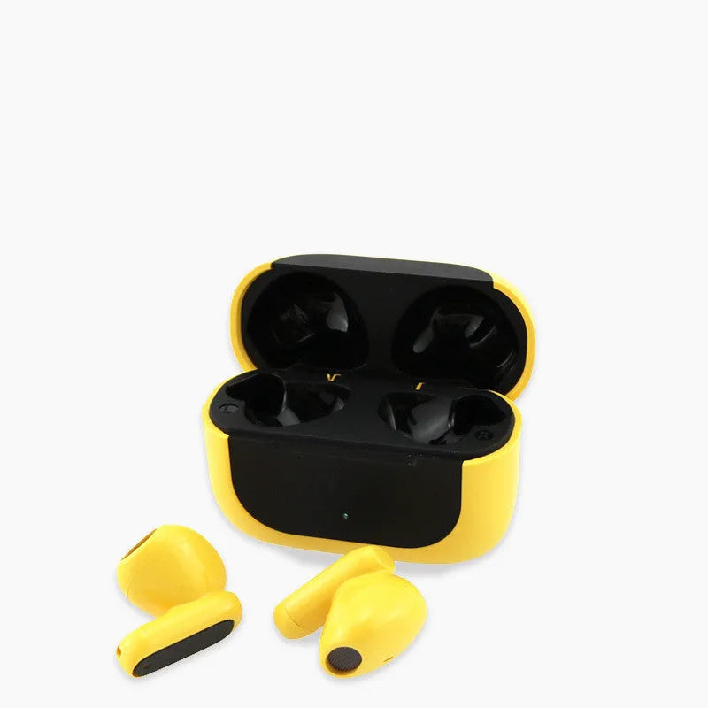 Jerry the mouse cartoon character on black, white, and yellow wireless Bluetooth headphones with earplugs.