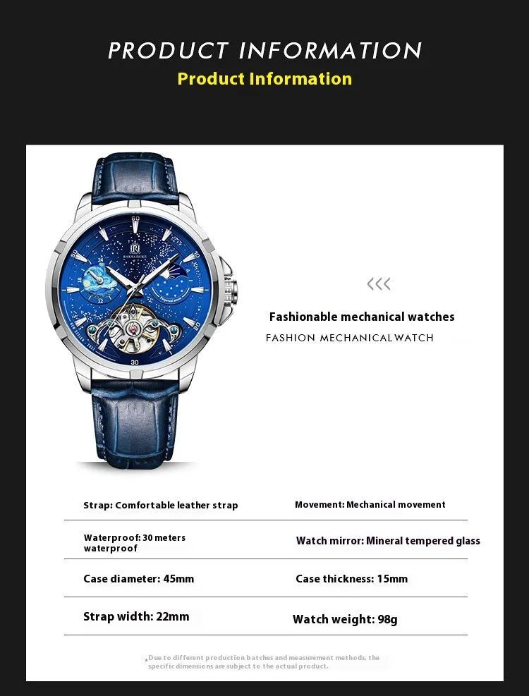 Men's blue dial automatic mechanical watch with stainless steel case on wrist.