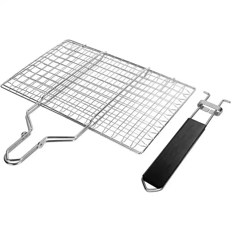 Square folding stainless steel wire barbecue mesh basket with a cleaning brush on a grill.