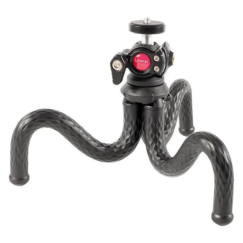 Black flexible octopus leg tripod with mobile phone clip attached, FT-01 model.