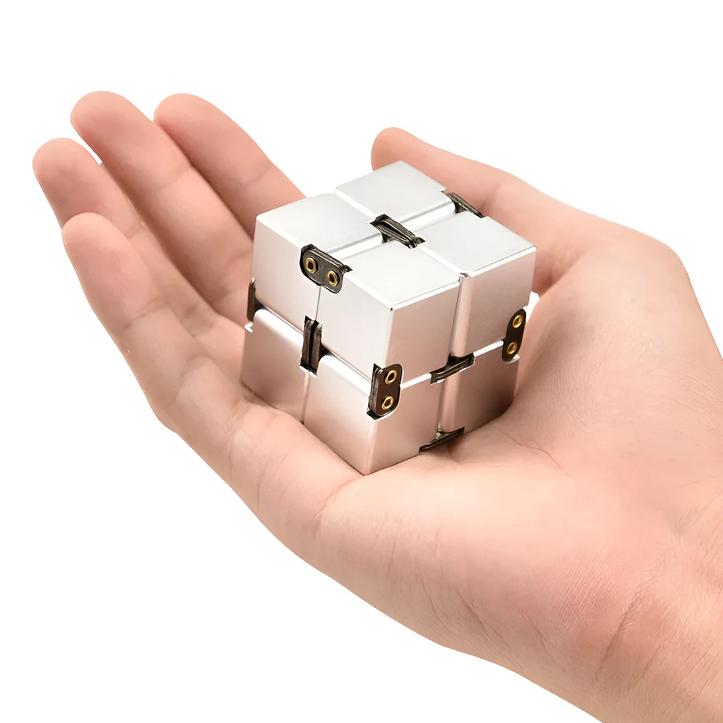 Zinc alloy infinity cube fidget toy in black finish showing rotating cube mechanism