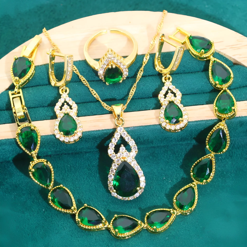 Retro bridal jewellery set copper inlaid zircon cross crown motifs earrings ring necklace bracelet green red