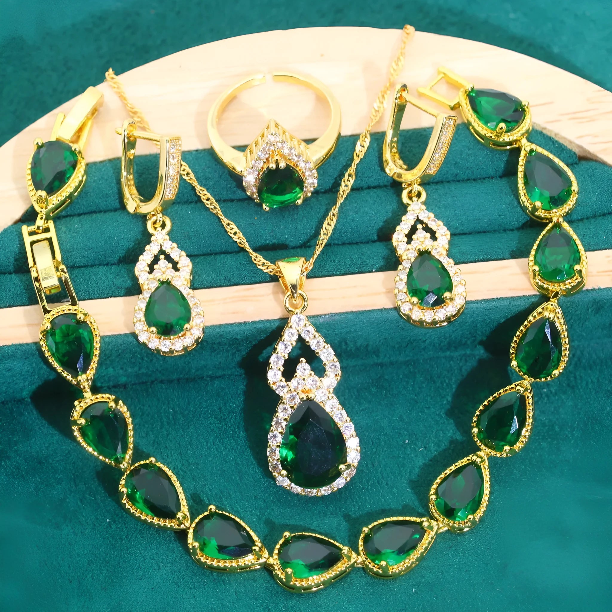 Retro bridal jewellery set copper inlaid zircon cross crown motifs earrings ring necklace bracelet green red