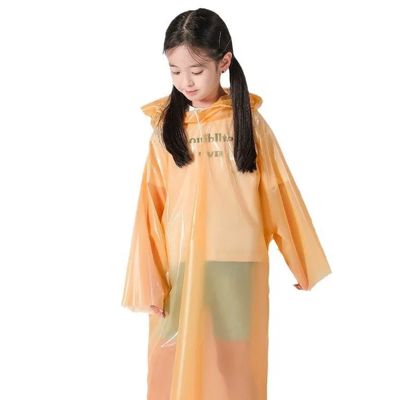 Disposable children's long plastic rain poncho folded to 13cm by 9cm size in various colours.