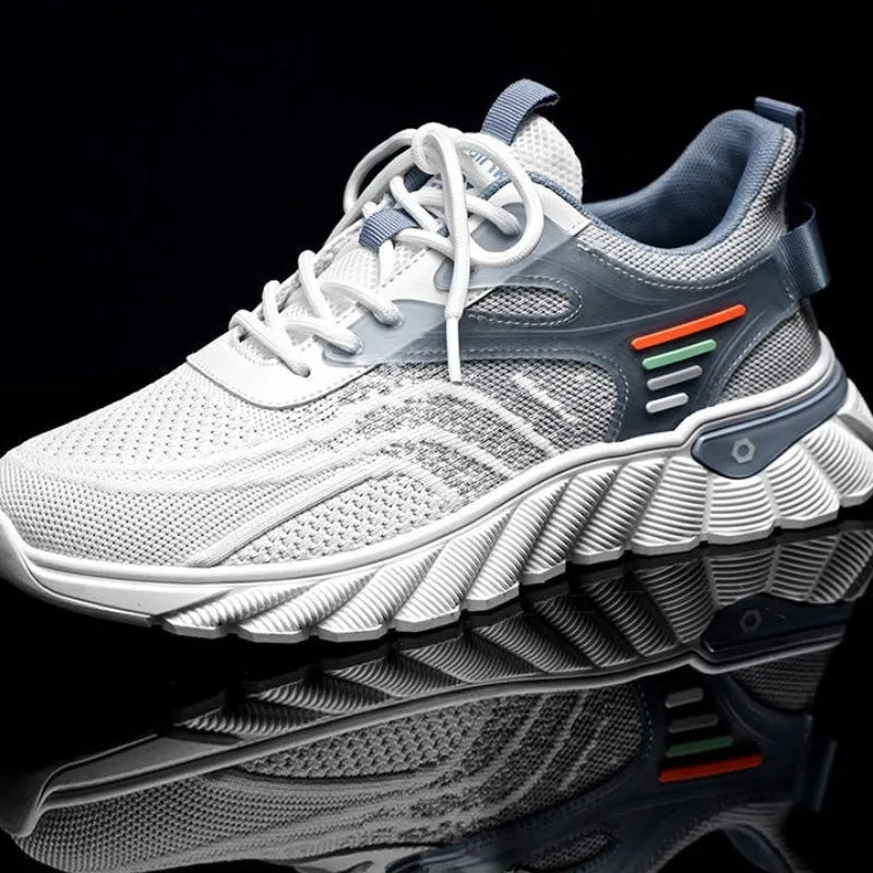 Men's white blue platform casual sports shoes with cross shoulder straps and mesh upper