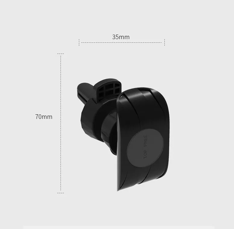 Black car phone holder clipped to vehicle air vent holding smartphone for navigation