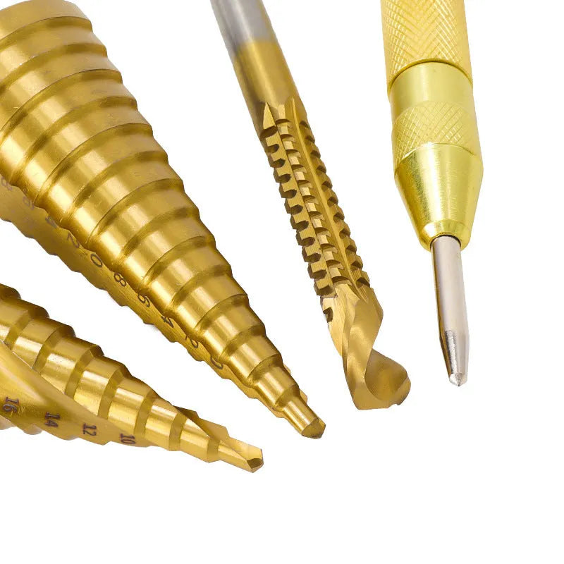 High-speed steel cone step drill bit and centre punch set for metal and wood drilling