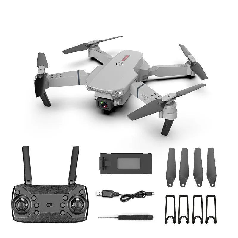 Grey foldable 4K drone with dual camera mounted on ABS body with LED lights