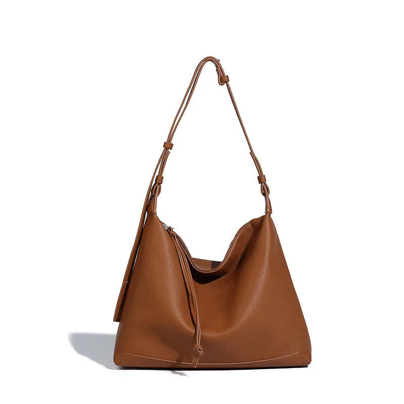 Soft PU leather large capacity messenger bag in caramel colour showing 36cm length dimensions