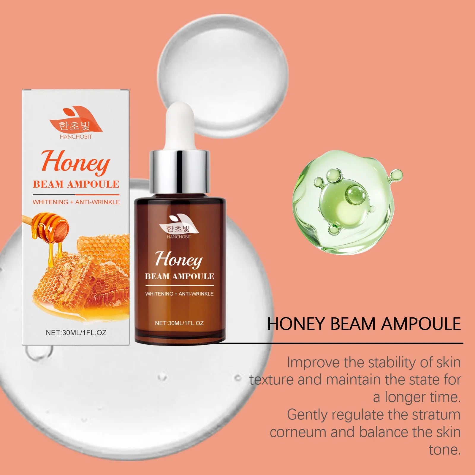 30ml bottle of skin tone moisturising facial liquid with honey and botanical extracts