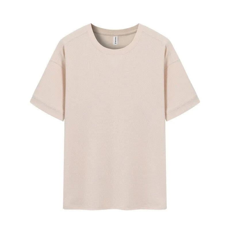 Men's dark grey heavyweight waffle-textured short-sleeved t-shirt on a hanger.