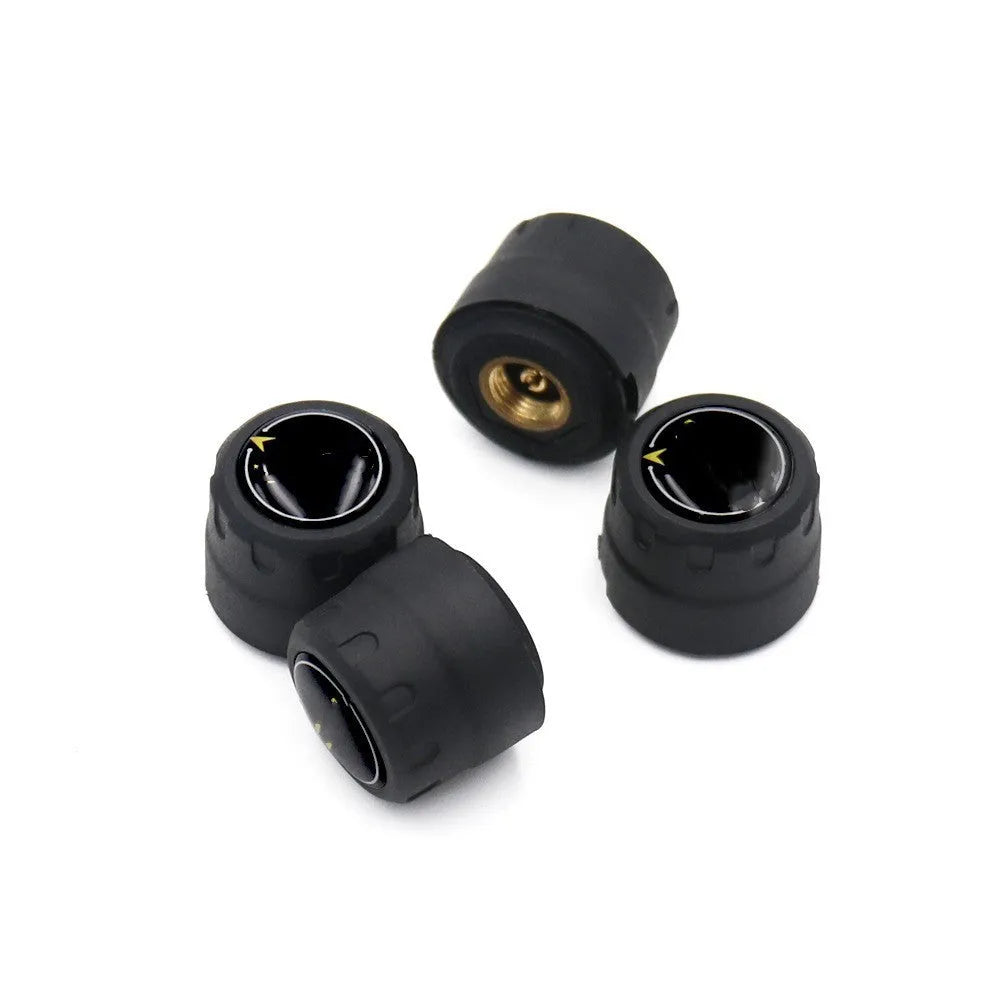 Bluetooth 5.0 car tyre pressure monitoring system with four black external sensors, a wrench, and anti-theft screws.