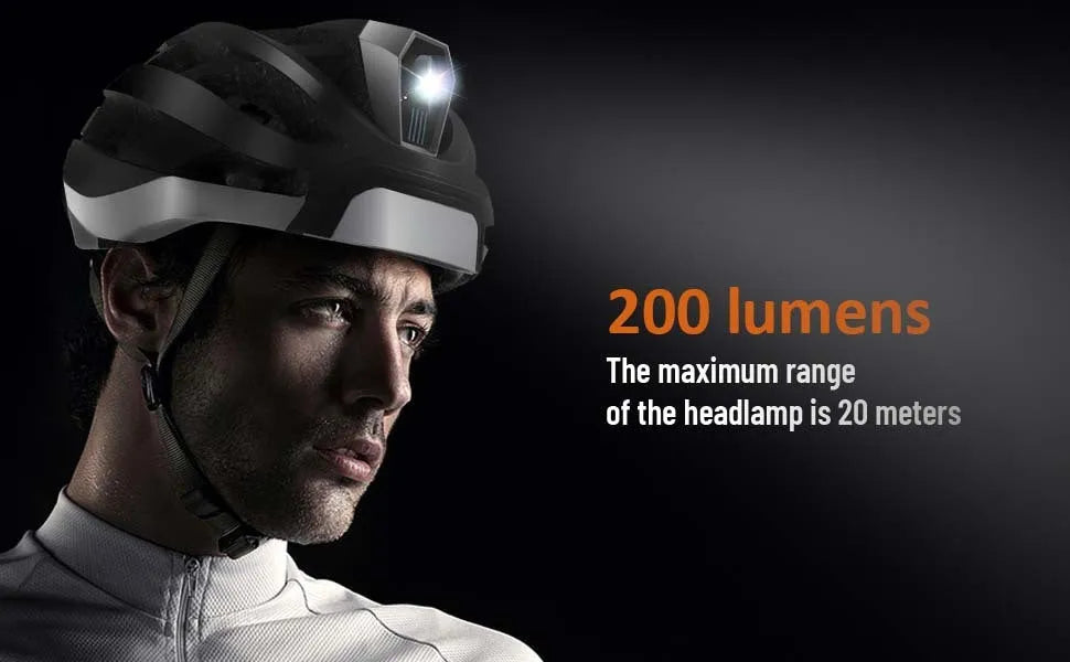 Black and grey smart cycling helmet with integrated Bluetooth and LED warning lights for adult riders