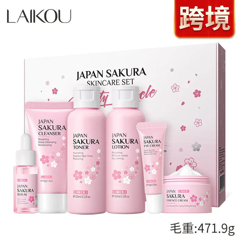 Cherry blossom skin care 6-piece set showing cleansing foam, toner, cream, essence liquid, eye cream, and essence cream