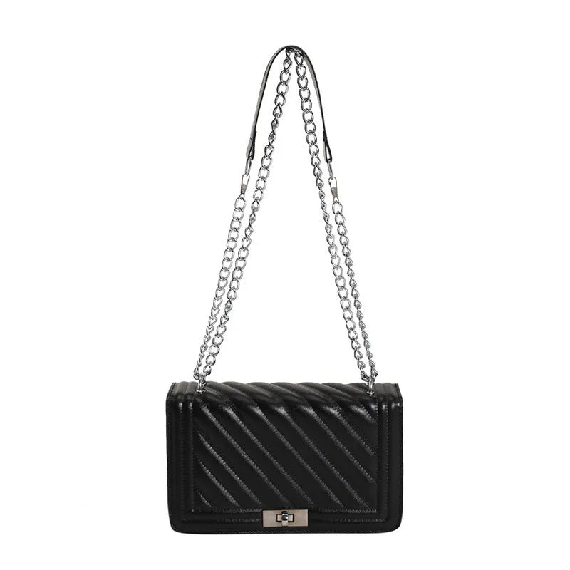 Chain trend small square shoulder bag in black with stitching details and chain strap, PU material, inner phone pocket