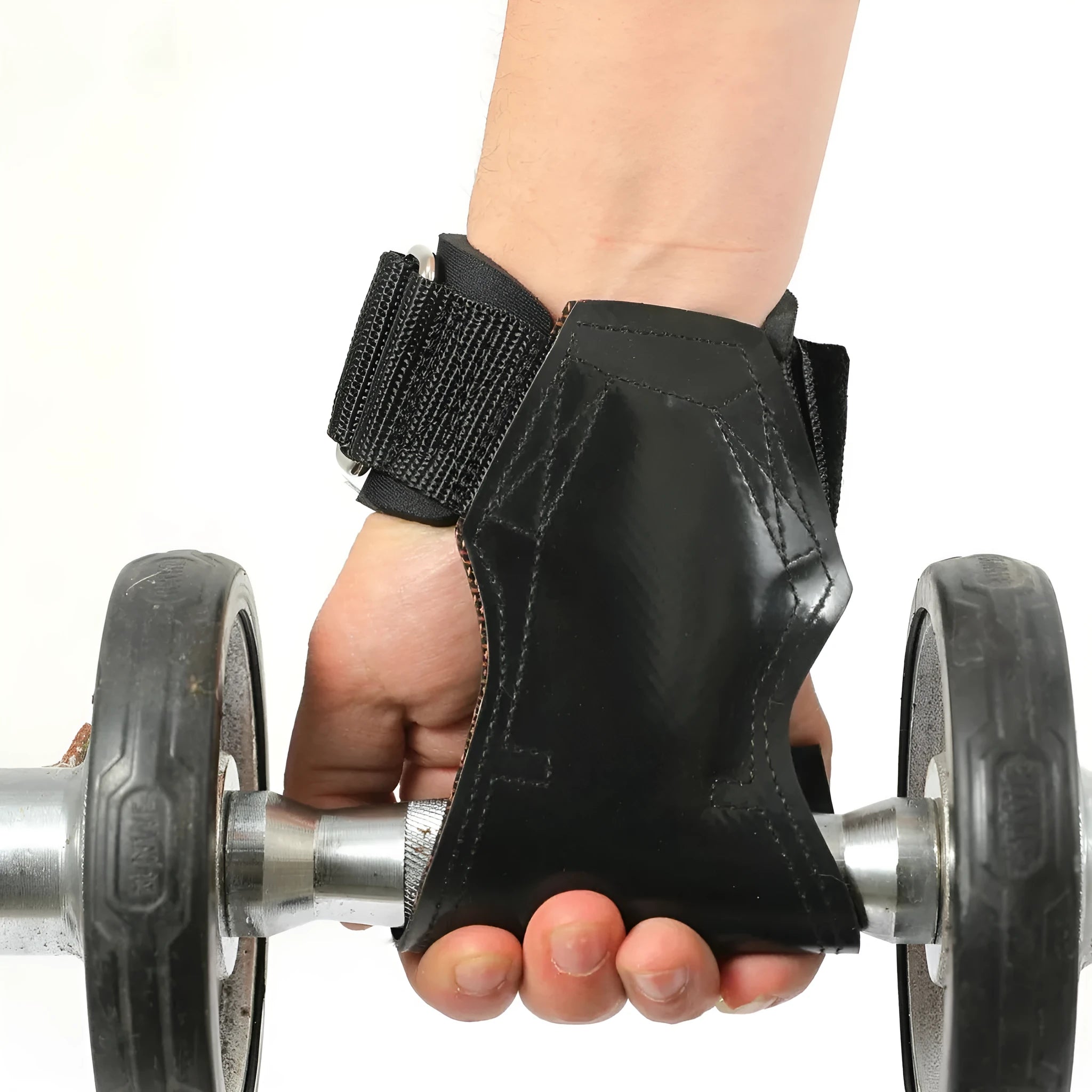 Black weightlifting booster hose with rubber palm protection and assist belts for grip training.
