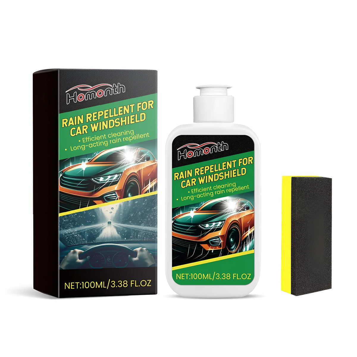 Car windshield rain repellent in PET bottle with sponge applicator for automotive glass coating