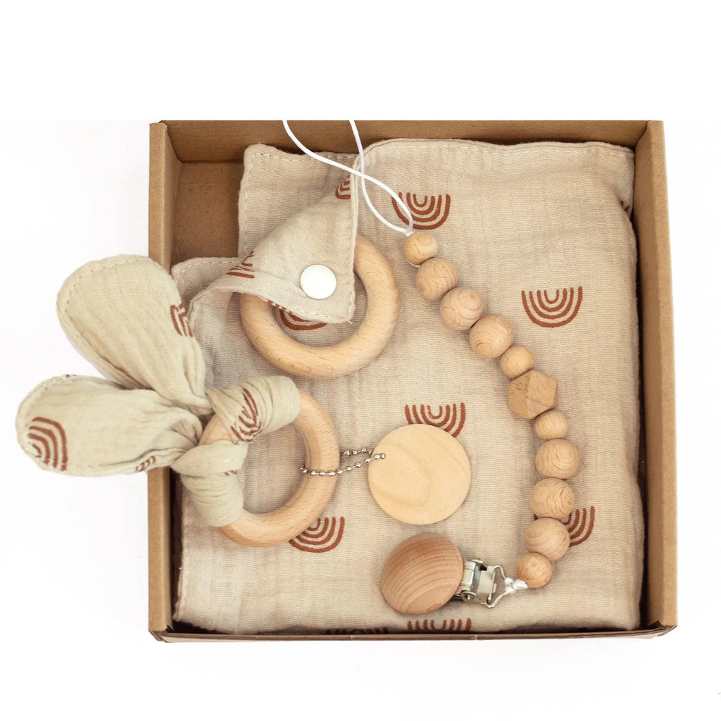 Baby teething gift set with wooden toys and large bamboo-cotton gauze blanket in assorted colours