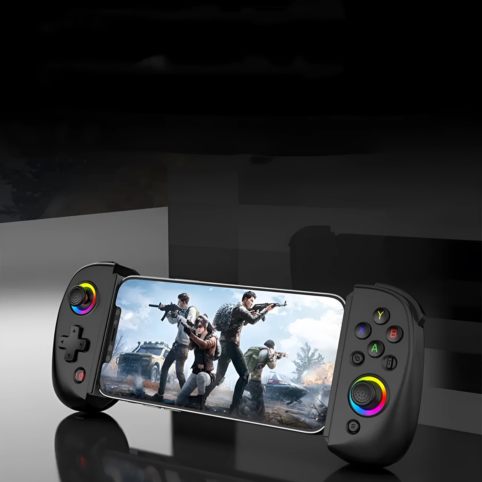 D8 Stretch Bluetooth Gamepad extended to hold a tablet, shown in black colour with visible control buttons and joysticks.