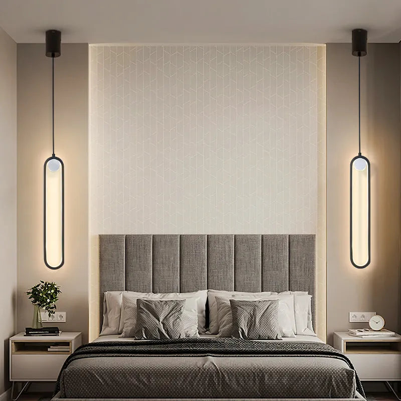 Nordic minimalist oval bedside chandelier in Black A finish with LED tri-colour light