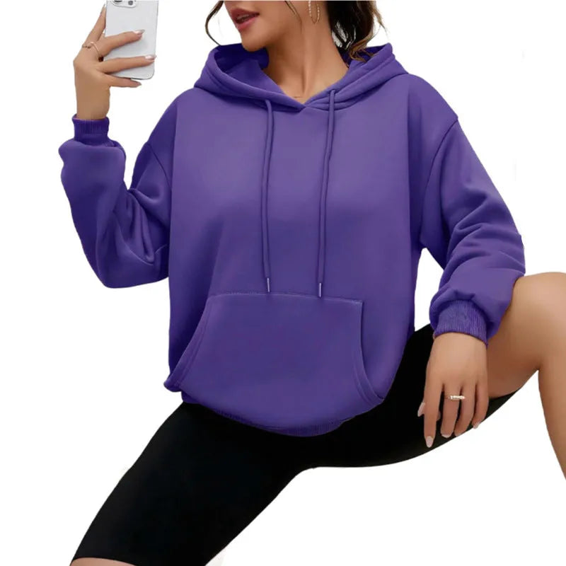 Women's loose fit drawstring pocket sweatshirt in various colours with long sleeves