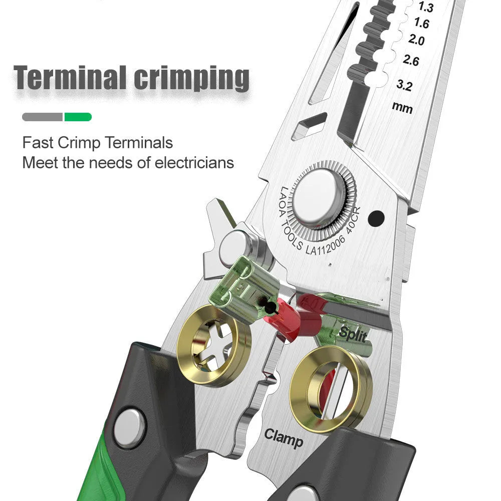Stainless steel 7-in-1 wire stripper tool with straight handle and multiple stripping apertures
