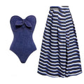 Women's vintage denim colour one-piece swimsuit with matching skirt
