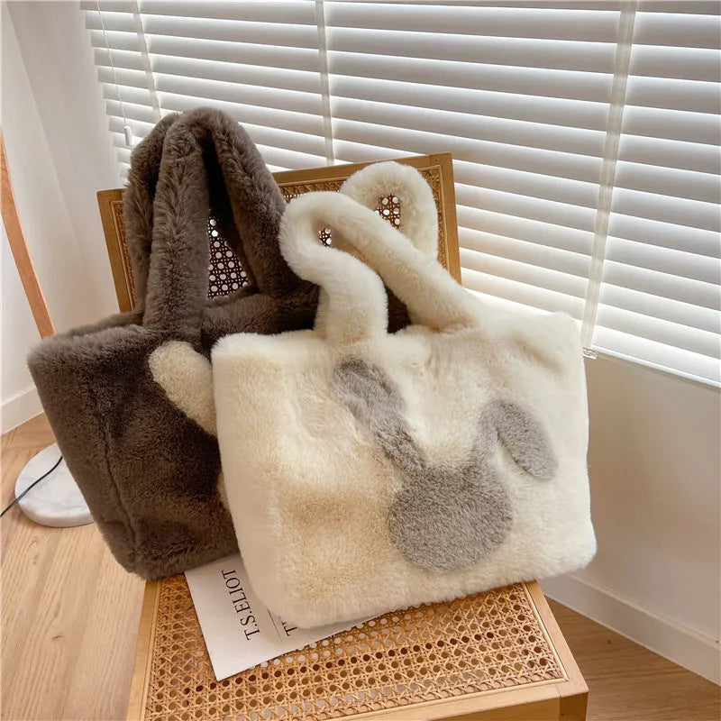Cartoon rabbit ears plush shoulder shopping bag in solid colour with large capacity