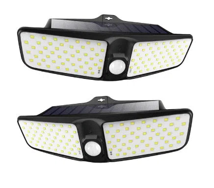 Outdoor solar wall lamp with 100 LEDs, IP65 waterproof, automatic dusk-to-dawn operation for garden and patio lighting