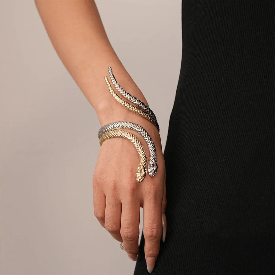 Gold snake design bracelet and ring set with exaggerated twisted winding metal jewellery