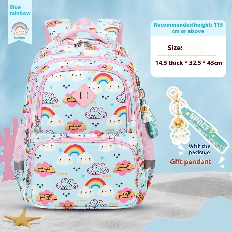 Children's Oxford cloth school backpack in a dinosaur pattern, showing curved straps and spine protection design.