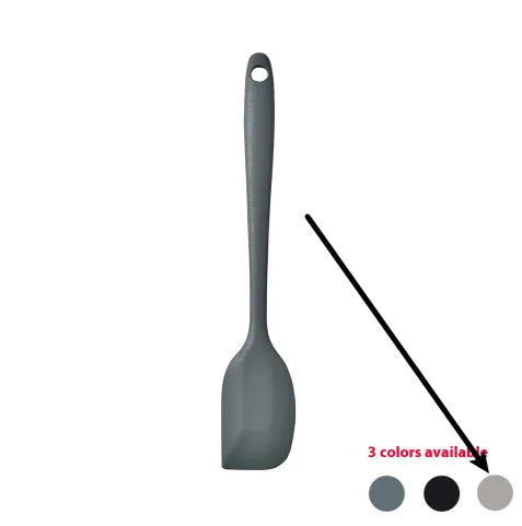 12-piece silicone kitchen utensil set in rotating storage bucket, showing spatula, ladle, and other tools.