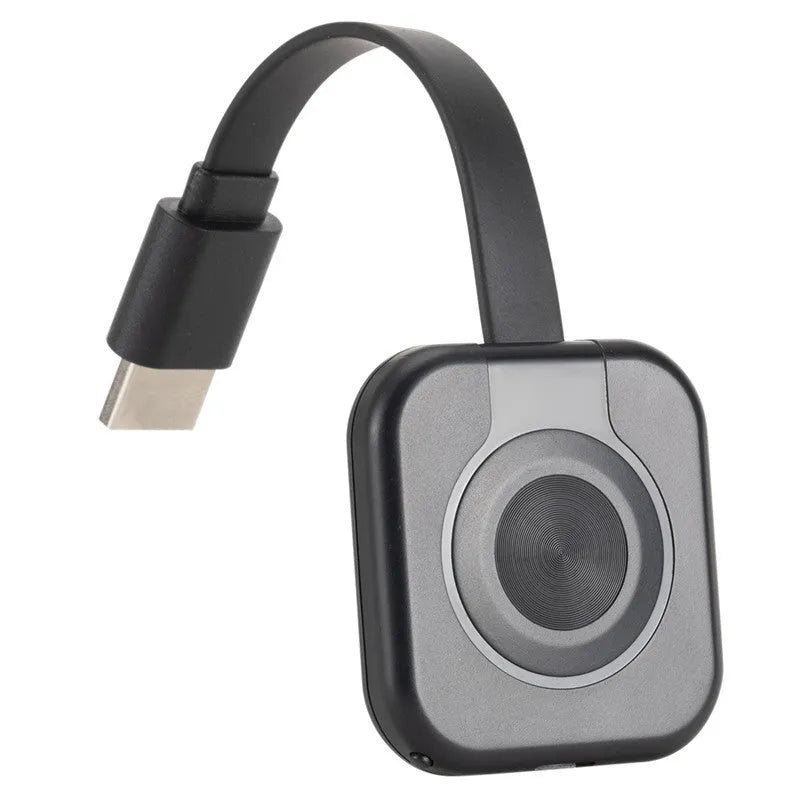 Compact wireless HDMI transmitter for screen mirroring with mobile phones, shown with data cable.