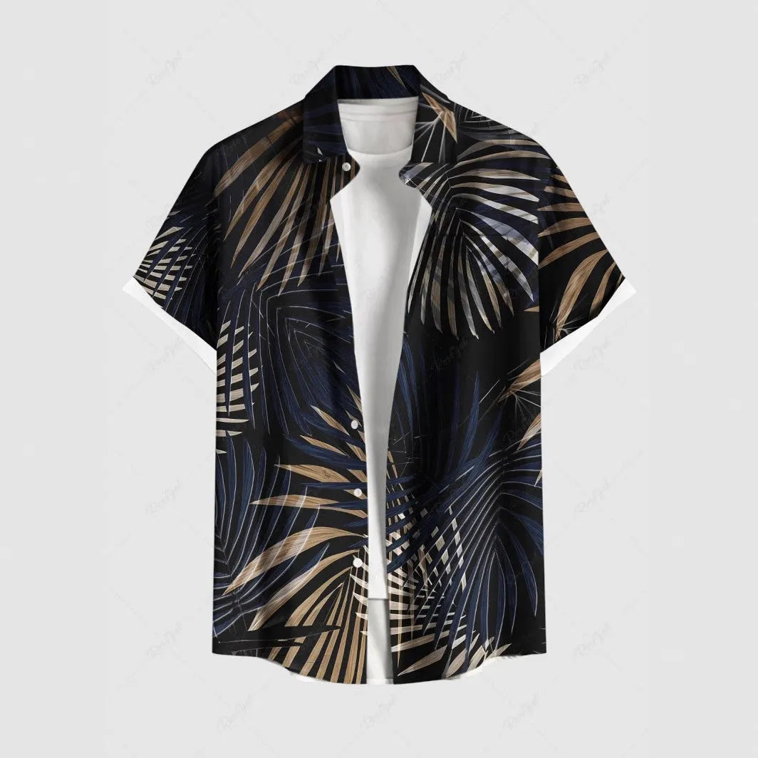 Men's striped short sleeve shirt with stand collar in loose fit casual style
