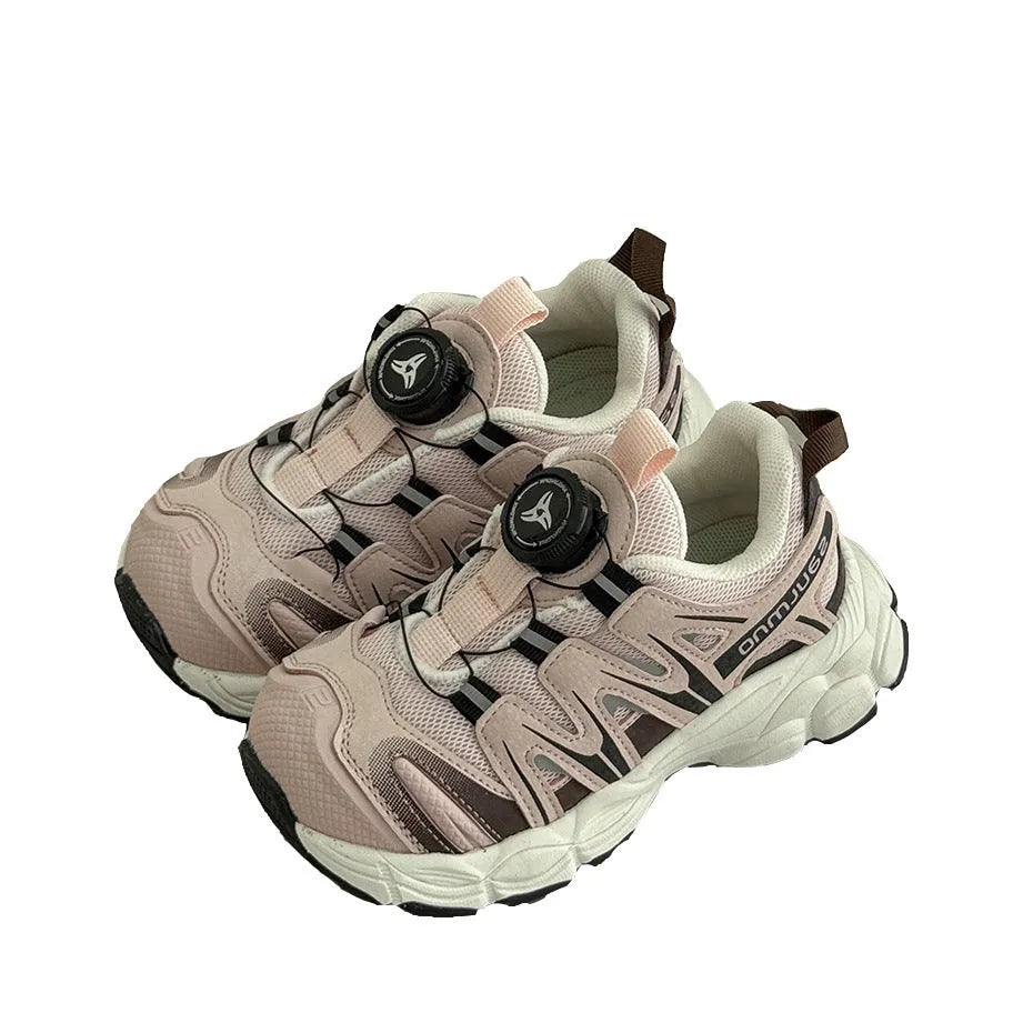 Girls' casual shoes in beige, black, or pink with a breathable PU leather mesh upper.