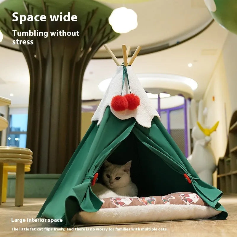Brown semi-closed cloth cat house with padded mat inside, showing enclosed design for pet sleep.