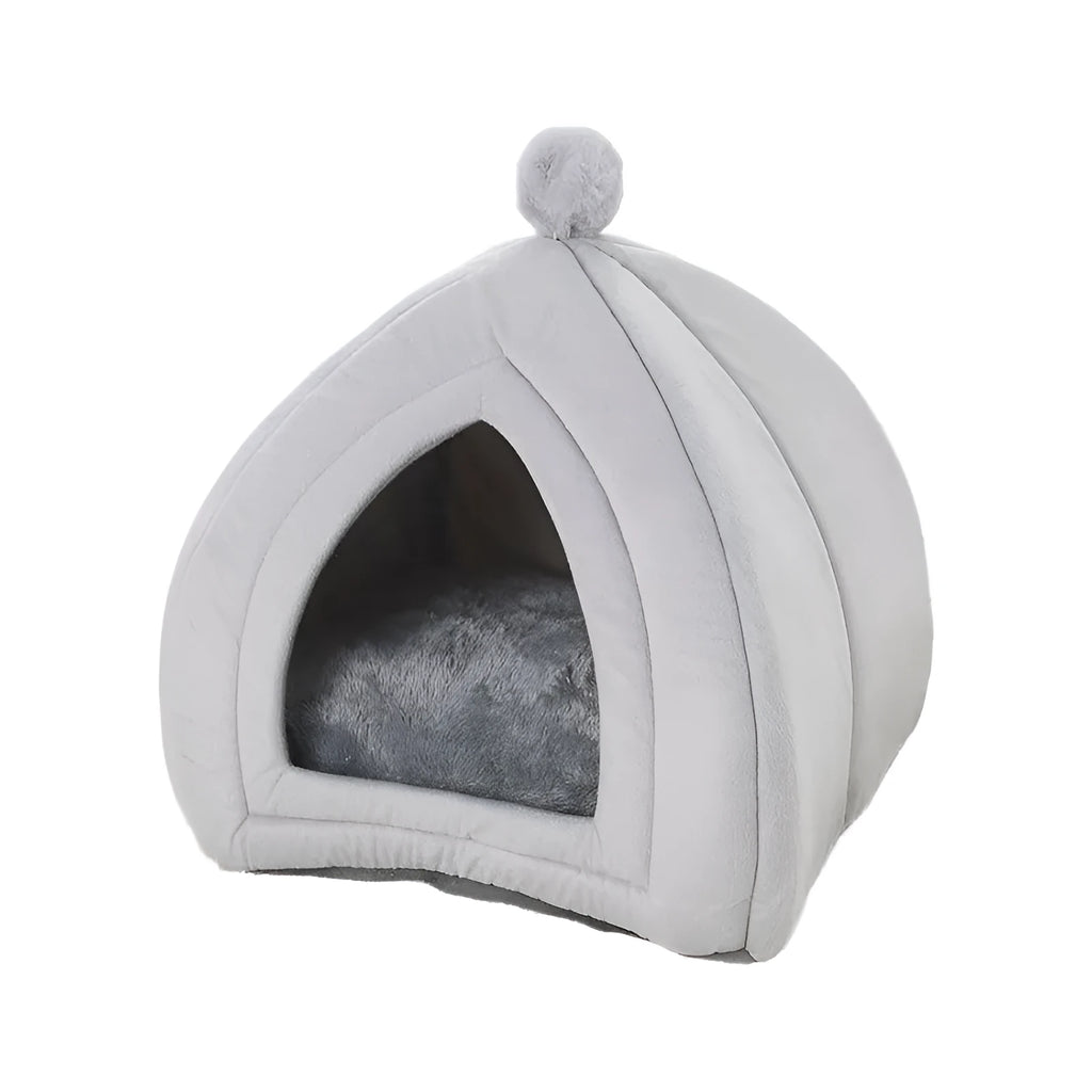 Gray soft plush tent cat bed with cushion for small dogs and cats, 47x47x53cm size