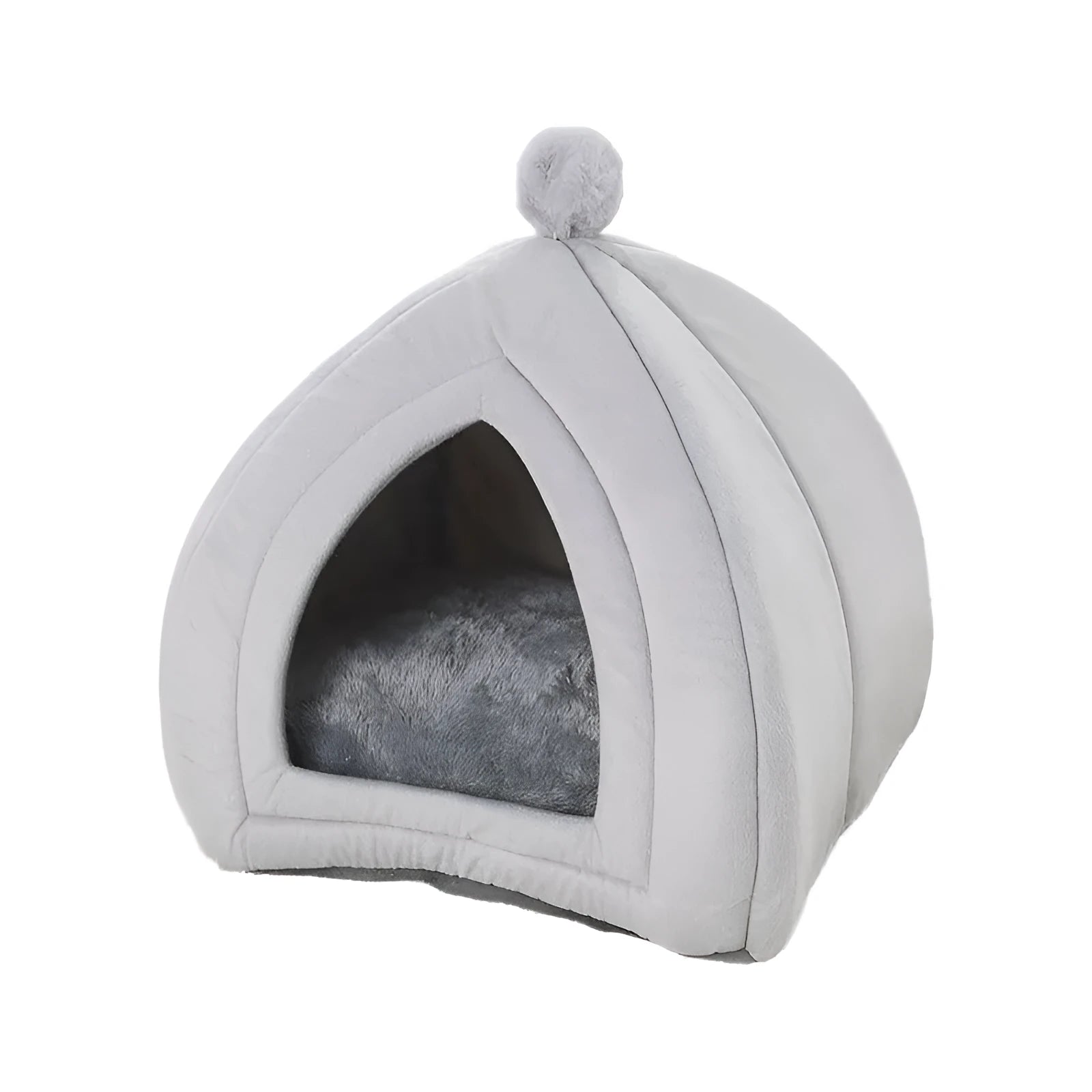 Gray soft plush tent cat bed with cushion for small dogs and cats, 47x47x53cm size