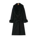 Big fur collar belt wool coat long jacket for women, pattern colour, front view with fur collar and belt