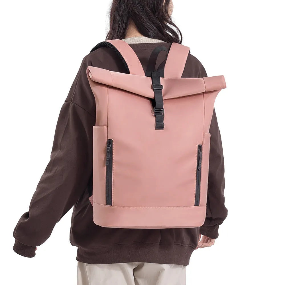 Oxford cloth casual backpack with airpillow straps, 20-35L capacity, in black solid colour with sewing line detail