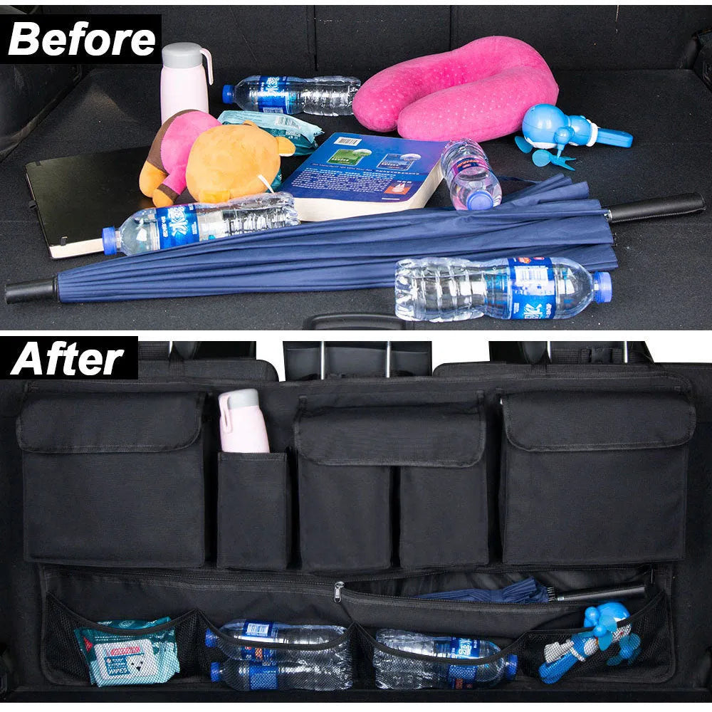 Black waterproof Oxford cloth car boot hanging storage bag with handle on seat back